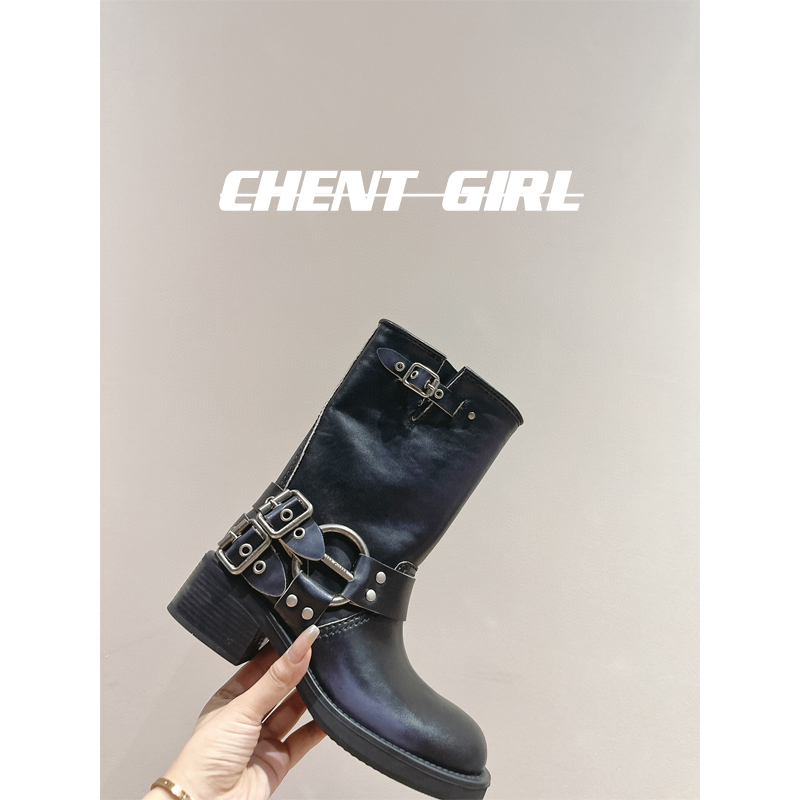 Look for Fee in the Industry! Miu's Women's Mid-Calf Motorcycle Boots, Distressed Chimney-Style Western Short Boots