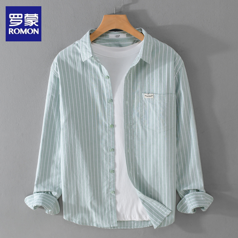 Romon Men's Striped Long-Sleeve Shirt, Spring and Summer Japanese Style Casual Versatile Top, High-End Pure Cotton Shirt Jacket