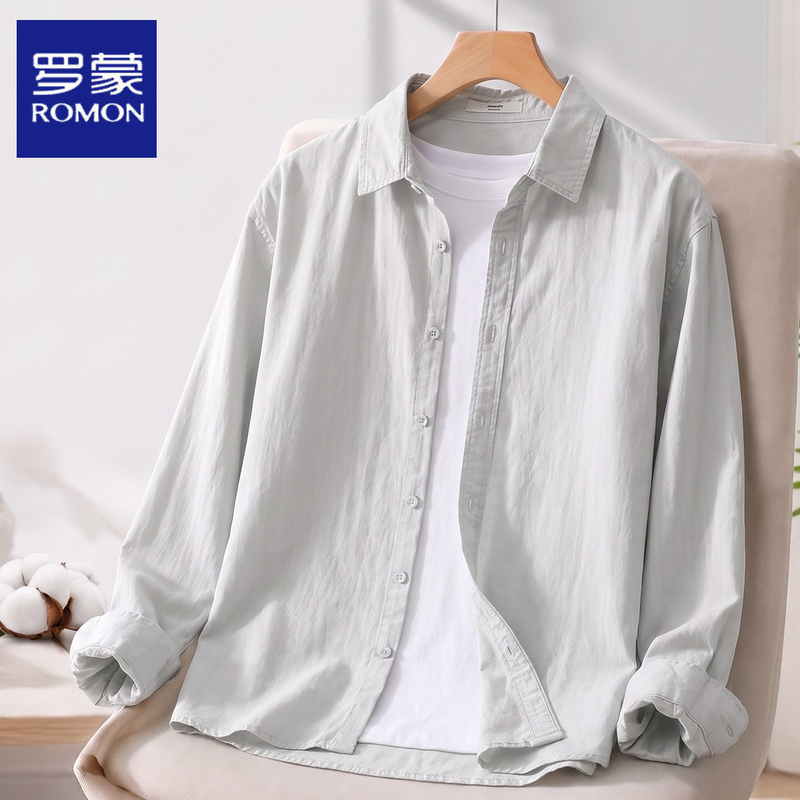 Romon Men's Casual Long-Sleeve Shirt, Japanese Style, Solid Color, Versatile Top, Spring and Autumn Pure Cotton Shirt, Thin Jacket