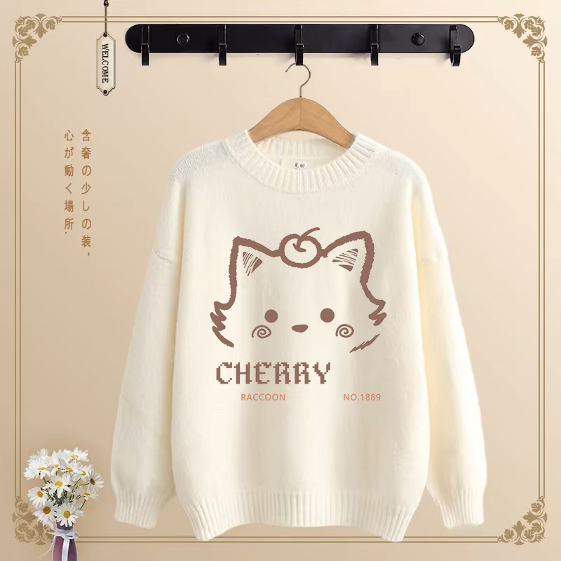 College Style Printed Fuzzy Sweater for Petite Women, Lazy Style, High-End Feel, Thickened Knit Top for Autumn and Winter