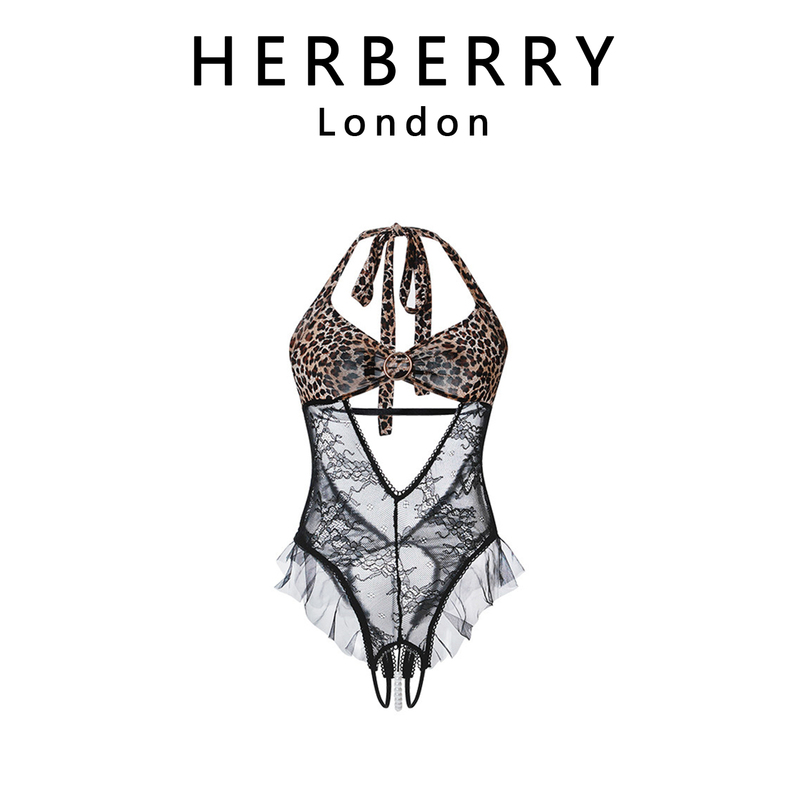 British Herberry Sexy Halter Neck Tie Leopard Print Lace Patchwork Backless Bodysuit with Open Crotch and Pearls British Herberry Sexy Halter Neck Tie Leopard Print Lace Patchwork Backless Bodysuit with Open Crotch and Pearls