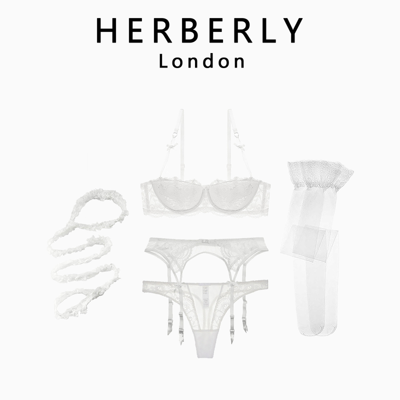 British Herberly Sexy Lace Garter Belt Pure Desire Lingerie Stockings Small Chest Push-Up Bra 5-Piece Set for Women