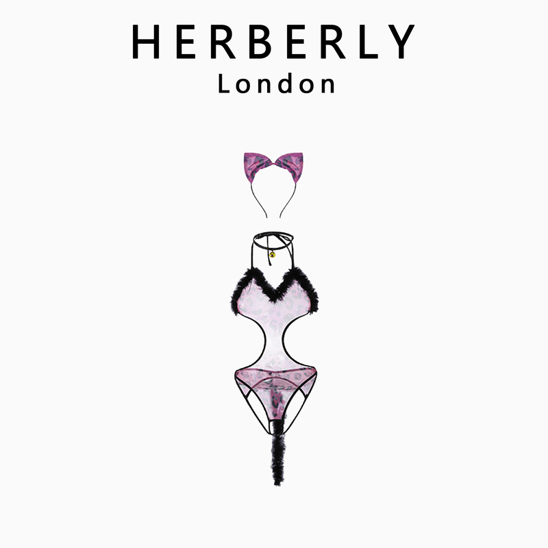 British Herberry Hollow-Out Lace-Up Cat Girl Tail Decoration Thin Mesh Sexy Leopard Print Bodysuit