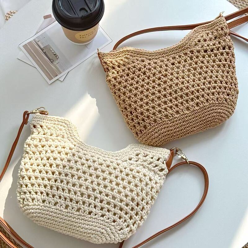 New Style Shell-Shaped Small Bag for Women, Hollow Woven Shoulder Crossbody Bag, Beach Vacation Straw Cotton Crochet Bag
