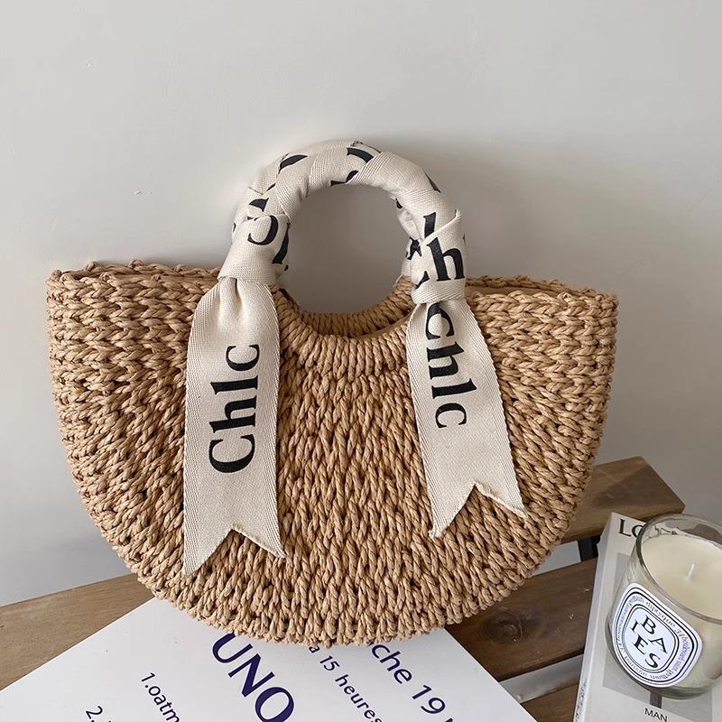 Letter Scarf Handbag, Versatile Half-Round Straw Bag, Woven Bag, Versatile Women's Bag, Seaside Vacation Style Beach Bag