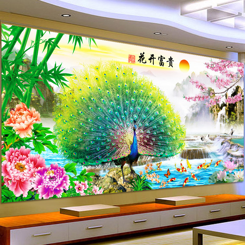 Print cross stitch line embroidery 2020 new living room landscape painting rich flowers their own hand-embroidered peacock
