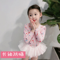  New childrens swimsuit female unicorn cat long-sleeved one-piece gauze skirt sunscreen princess swimsuit girls middle and small children