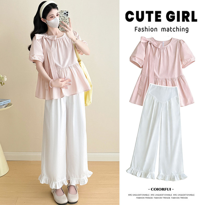 Maternity Summer Outfit Set, Maternity Check-Up Wear, Short-Sleeved Top, Casual Belly Support Pants, Outerwear, Trendy Mom Two-Piece Set for Women