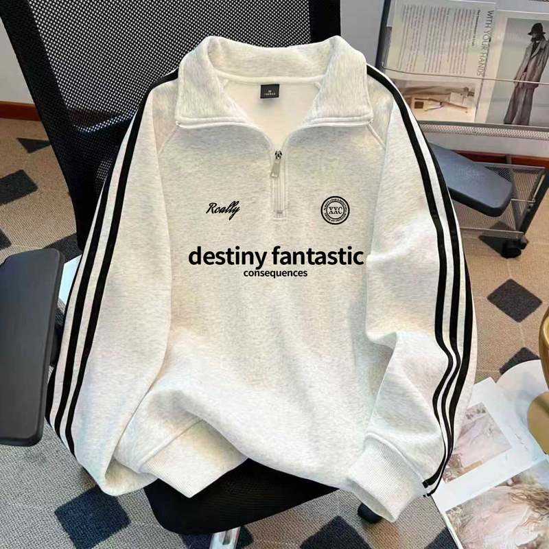 National Trendy Brand Three-Stripe Half-Zip Sweatshirt for Women, Spring Thin Oversized American High Street Style Couple Polo Top National Trendy Brand Three-Stripe Half-Zip Sweatshirt for Women, Spring Thin Oversized American High Street Style Couple Polo Top
