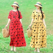 Mùa hè 2019 kiểu mới của phụ nữ váy retro cotton và vải lanh mỏng tay ngắn cổ tròn đầm đầm - Sản phẩm HOT