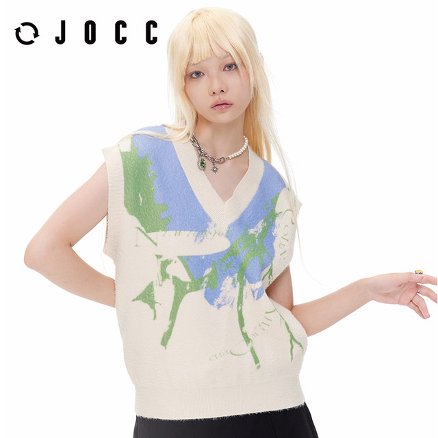 JOCC/Jiukawa autumn new imitation mink sweater couple vest men's vest printed v-neck sleeveless top