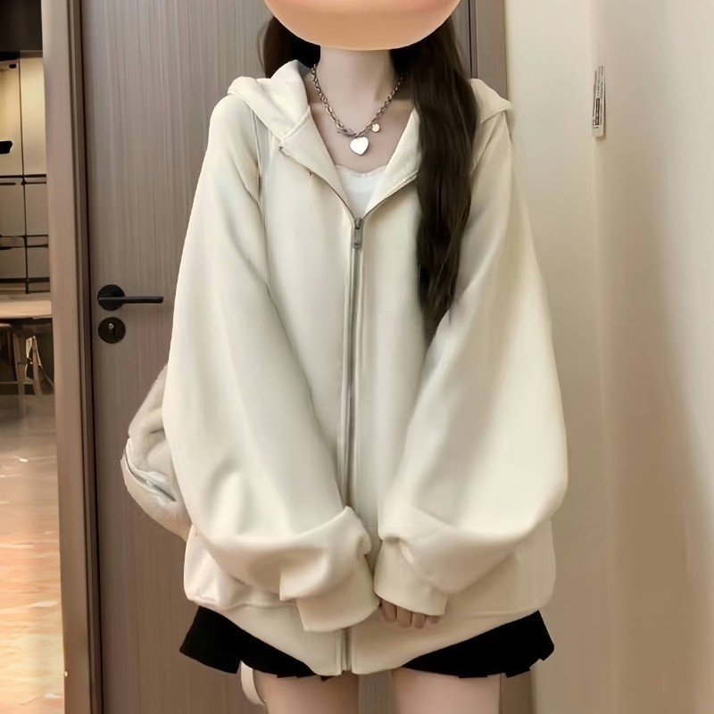 Solid Color Hooded Sweatshirt for Women, Spring and Autumn Korean Style Oversize Thin Jacket ins Trendy Loose Lazy Cardigan Top