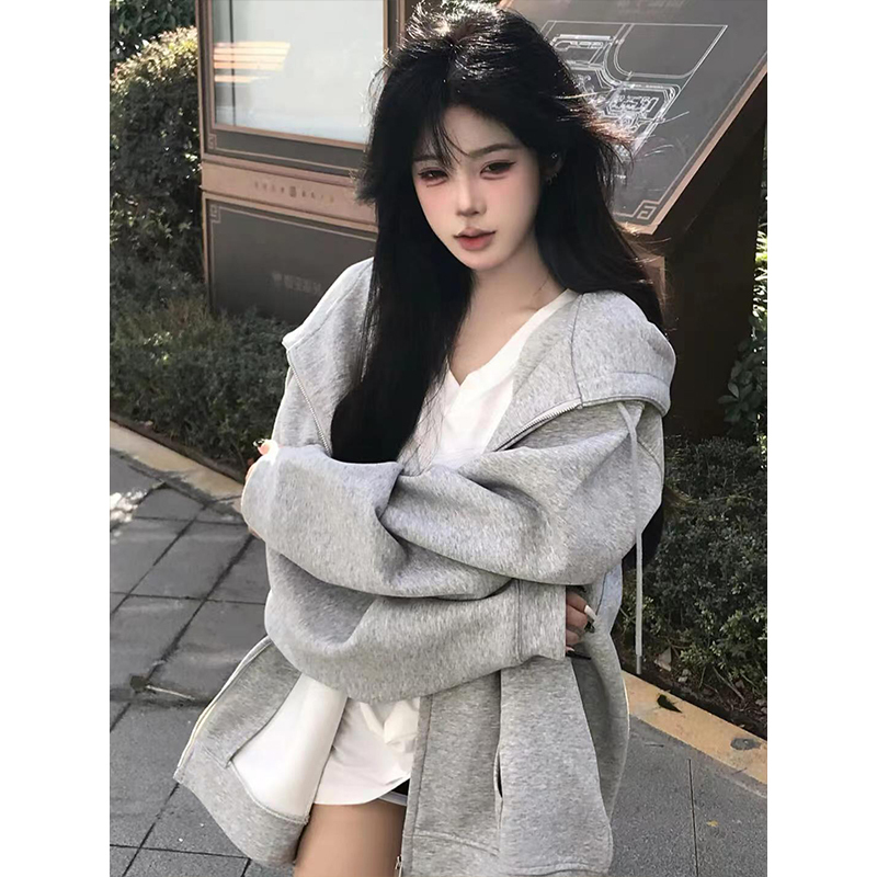 American Retro Street Style Hooded Sweatshirt for Women, Spring & Fall Oversize Thin Jacket, Chic Lazy Cardigan Top