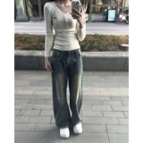 Сексуальный хлопковый осенний короткий базовый приятный телу лонгслив, V-образный вырез, в американском стиле, облегающий крой