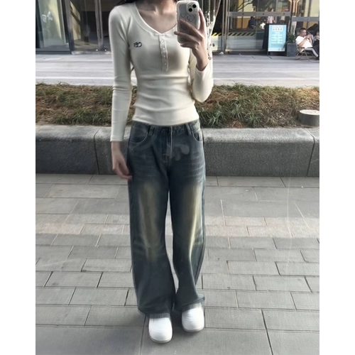 Сексуальный хлопковый осенний короткий базовый приятный телу лонгслив, V-образный вырез, в американском стиле, облегающий крой