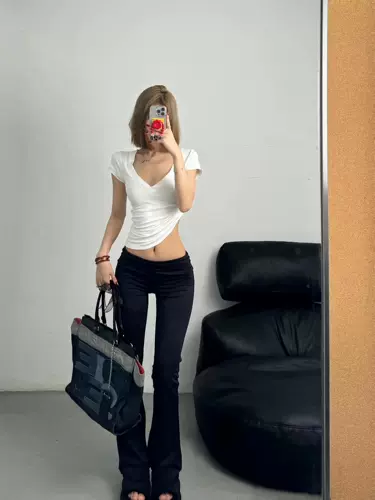 Сексуальная хлопковая короткая приталенная футболка с коротким рукавом, V-образный вырез, в американском стиле