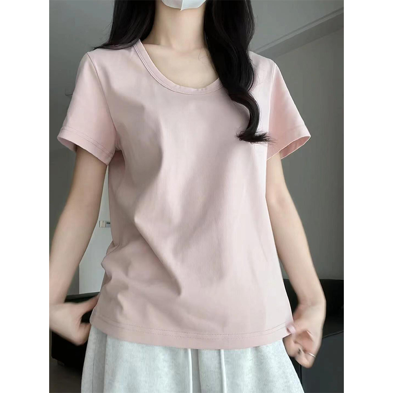 Right-Shoulder U-Neck Solid Color Short-Sleeve T-Shirt for Women, Summer Short Style, High-Waisted Slim Fit Top, Simple Versatile Casual Solid Color T-Shirt Right-Shoulder U-Neck Solid Color Short-Sleeve T-Shirt for Women, Summer Short Style, High-Waisted Slim Fit Top, Simple Versatile Casual Solid Color T-Shirt