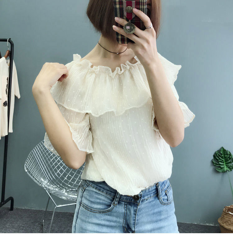 Đầm mùa hè phiên bản Hàn Quốc của khí chất từ ​​cổ áo lệch vai đôi xòe ren áo voan tay ngắn tay áo crop top - Áo sơ mi chiffon ren áo sơ mi màu xanh