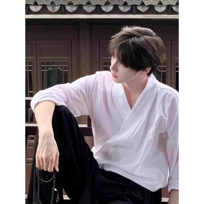 漢服の日常的な明朝の茶色のクロスカラーの短いシャツの男性の春と秋の長袖の綿と麻の混紡の中国の太極拳のトレーニング服