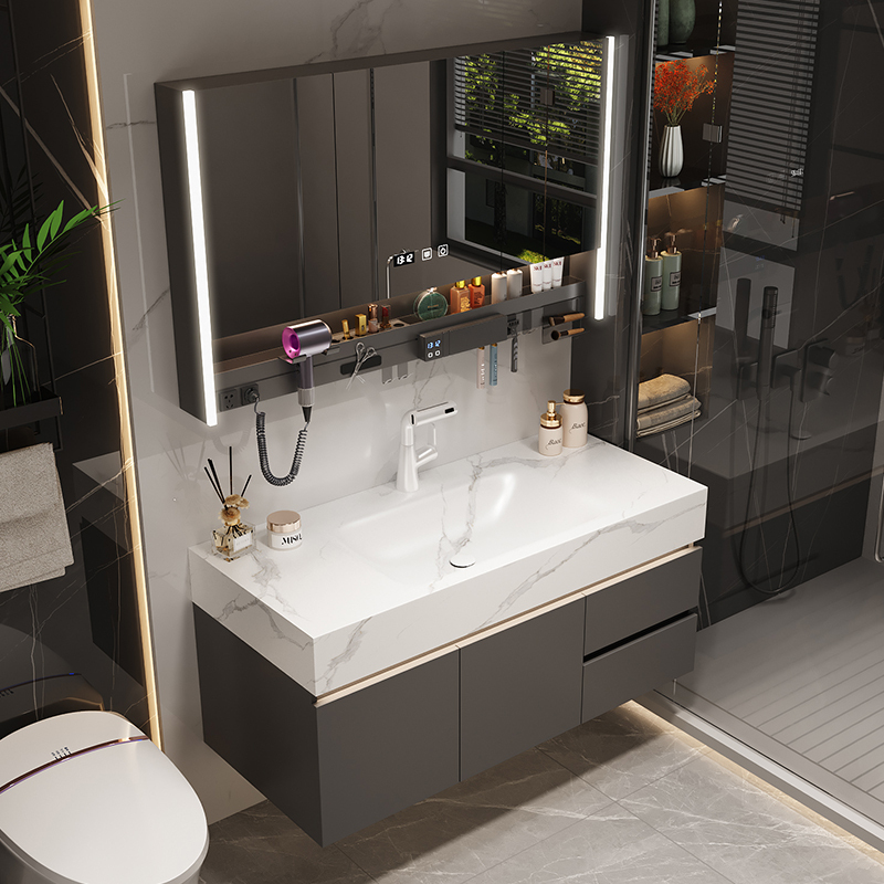 Light Luxury Simple Style Slate Hot-Bent Integrated Basin Bathroom Cabinet Combination Bathroom Sink Wash Basin Solid Wood