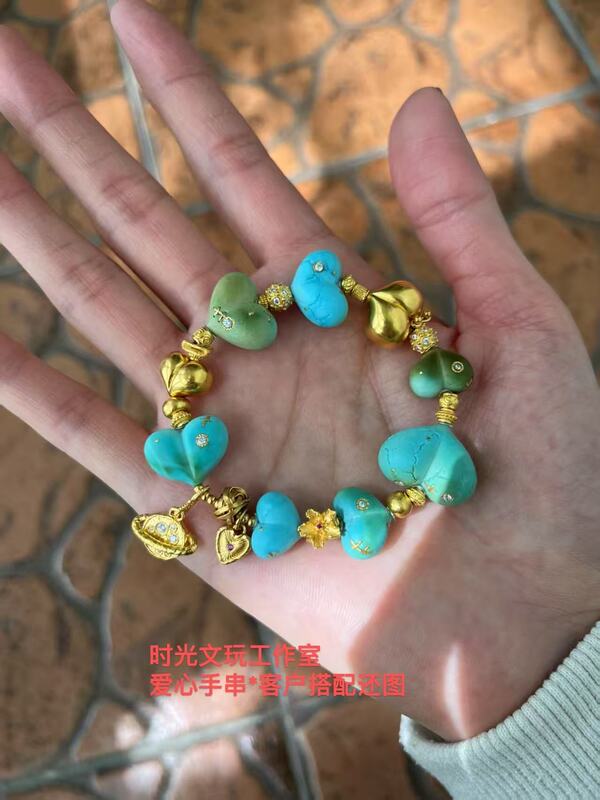 Rubbed Gold Peach Heart Time Art Natural Raw Turquoise Peach Heart Bracelet Ring Heart Pendant