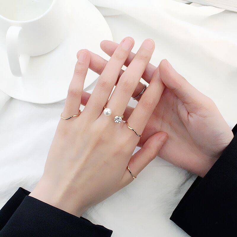 Wild Ocean Girl Wind Ring Triangle Geometry Set Simple Pearl Open Rings Tide Ring Sweet nhẫn kim tiền
