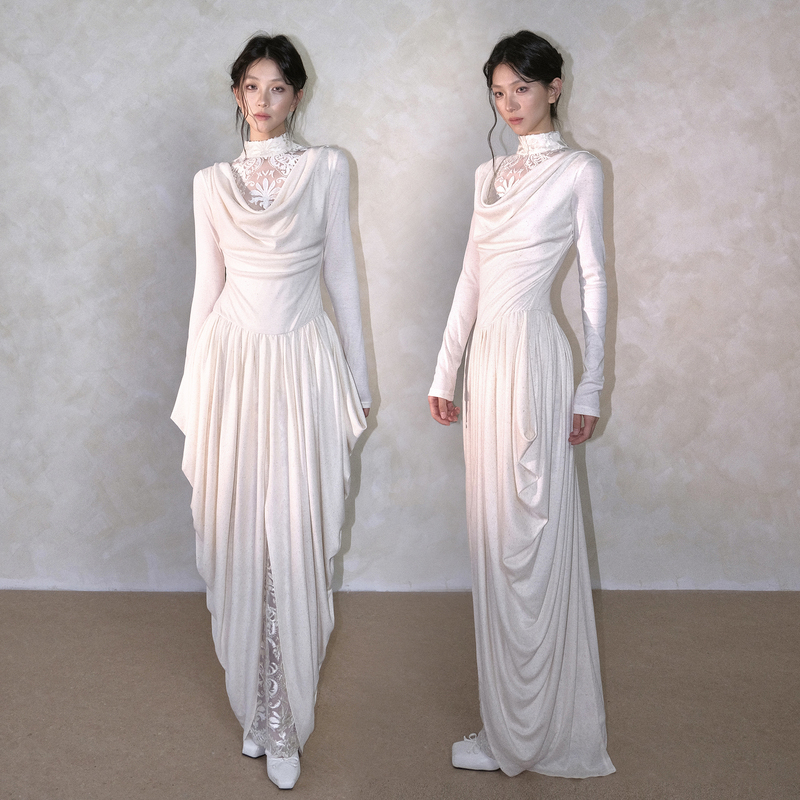 Whynotdance Mi Xiang Bud Skirt Linen Knit Spliced Lace Jacquard Swing Collar Pleated Dress