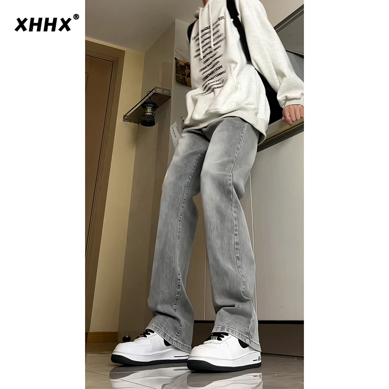 Gray Straight-Leg Jeans for Men, Spring and Autumn, Slim Fit, American Retro, Tapered, Trendy Brand, Autumn and Winter, Fleece-Lined, Washed Casual Pants