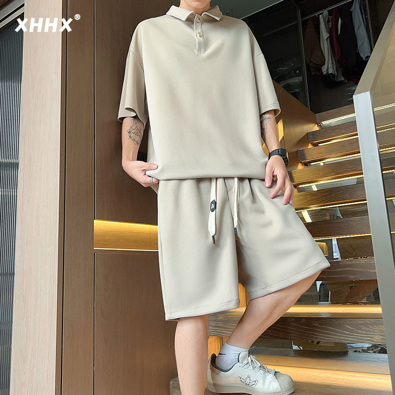 Ice Silk Polo Shirt Short-Sleeved T-Shirt Sports Suit Men's Summer Trendy Casual Lapel T-Shirt Shorts Matching Two-Piece Set