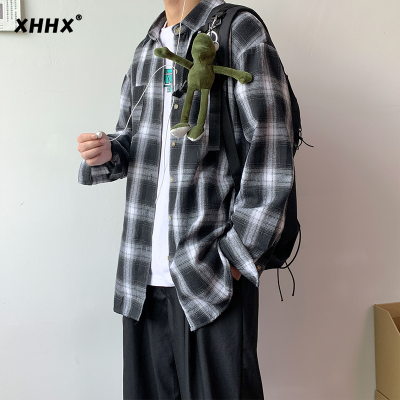 黒と白のチェック柄シャツ長袖メンズ春と秋2025新しい高級メンズゆったりトレンドカジュアルシャツジャケット