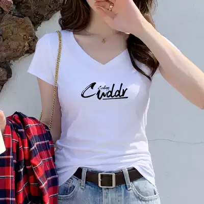 Korean short sleeve t-shirt women White slim slim cotton V neck top women women 2021 summer V neck T-shirt tide tide