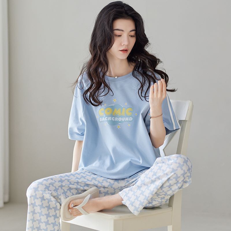 Woodpecker Pajamas for Women, Summer Pure Cotton Short-Sleeved Long Pants, Thin Style That Can Be Worn Outside, Women's 100% Cotton Loungewear Set