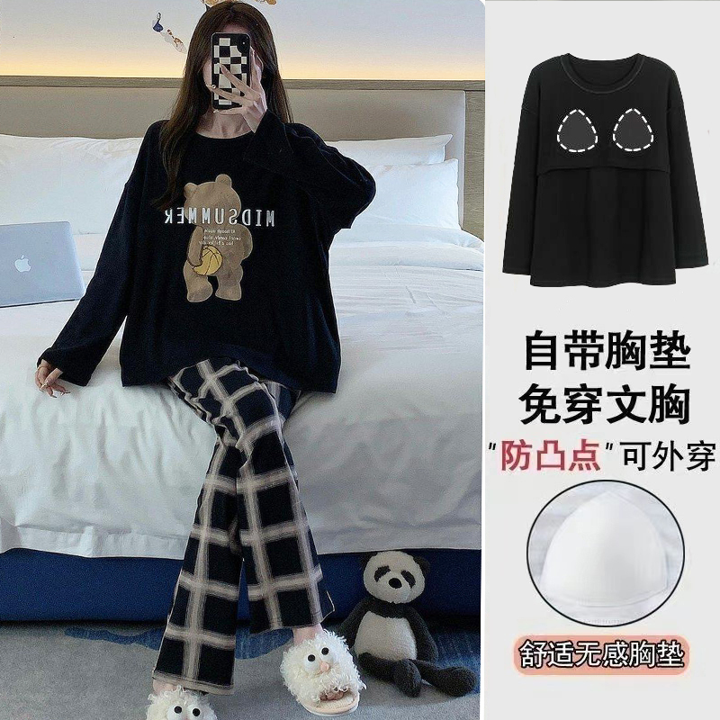 Woodpecker Pajamas with Chest Pads for Women, Spring and Autumn Pure Cotton Long-Sleeved Korean Style Cartoon Student Casual Home Wear Set