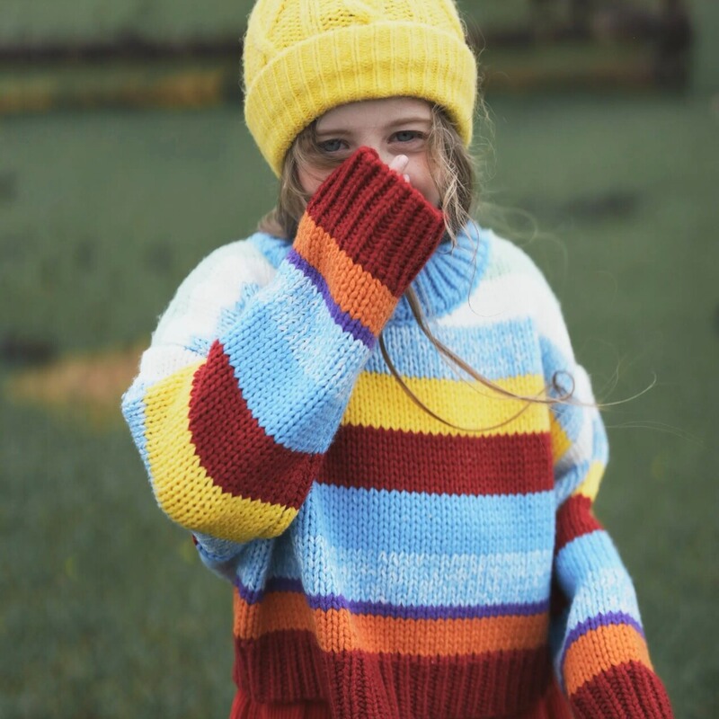2026 Spring and Autumn New Style Girls' Rainbow Striped Korean Style Colorful Patchwork Knitted Sweater Loose Top Sweater