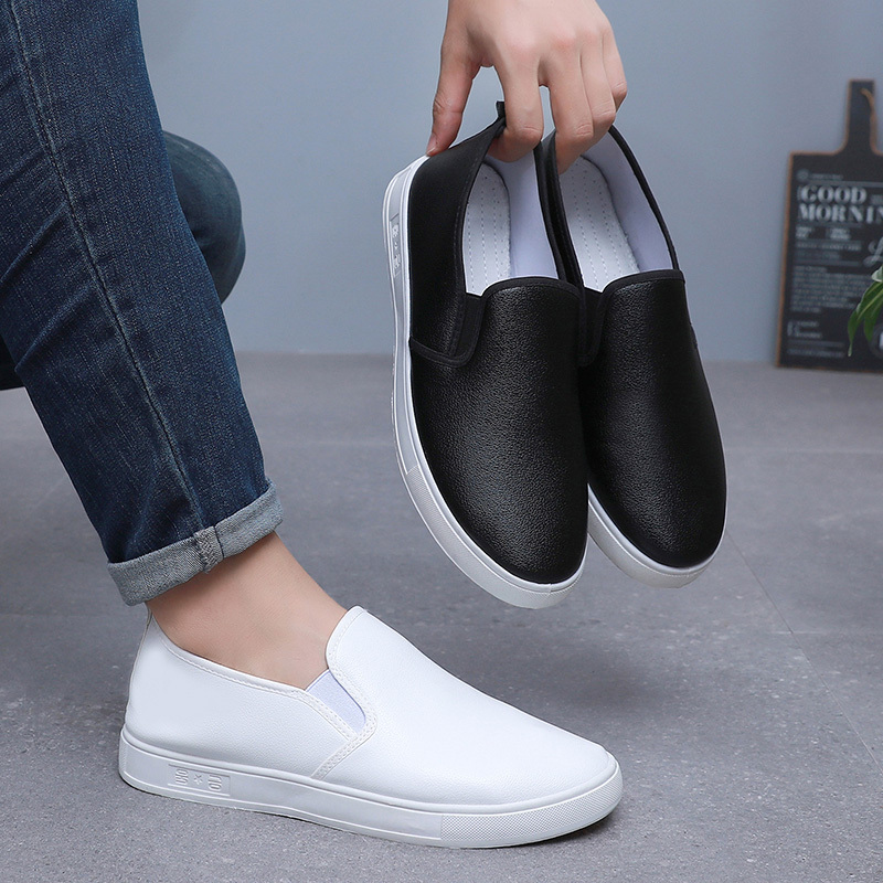 White Shoes for Women, Flat and Comfortable, Unisex Casual Nurse Shoes, White Leather Surface, Waterproof, Slip-On, Comfortable Work Shoes for Women