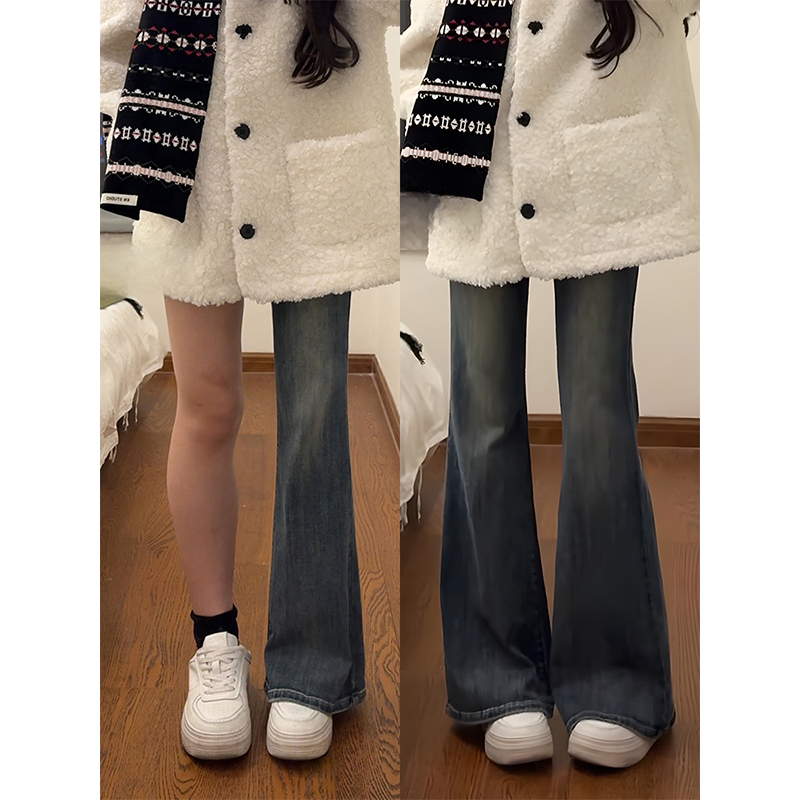 洋ナシ型のレトロなブルーのフレアジーンズ、女性用、秋冬、ベルベット、大きいサイズ、ファットmm、ハイウエスト、スリム、伸縮性のあるベルボトムパンツ