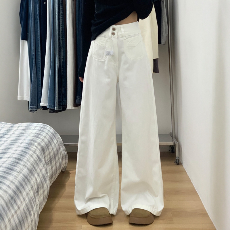White Wide-Leg Jeans for Women, New Autumn Style, Plus Size, High-Waisted, Slimming, Loose Fit, Pear-Shaped Body, Floor-Length Pants