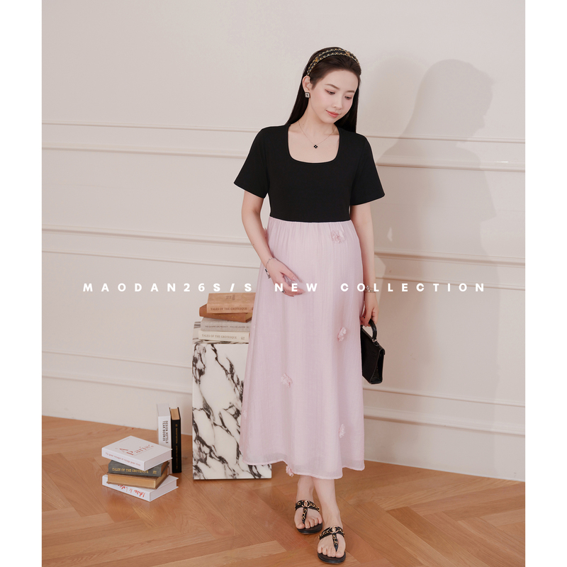Cat Single [Summer Dream Black Rose] [Cotton] [Tencel] Maternity Wear Summer New Stylish Mid-Length Dress