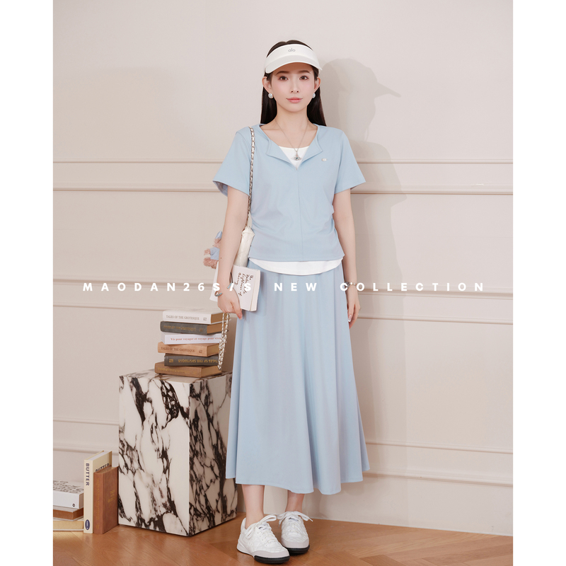 Cat Single [Cold Brew Blue Card] Maternity Set Summer New Gentle Slimming Fake Two-Piece Short Sleeve Top and Skirt