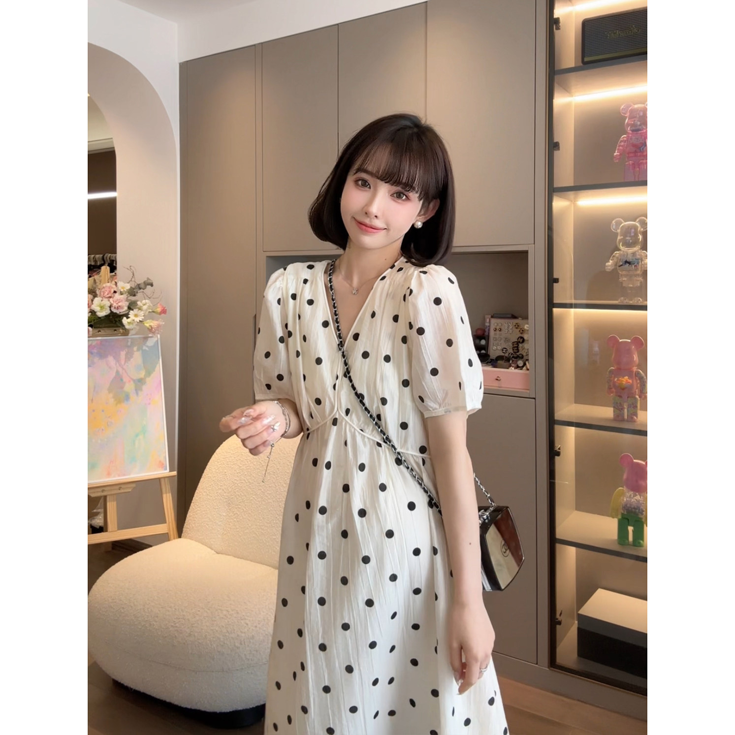 Cat Single【Tees River Romance】Nana's Maternity Wear: Stylish Polka Dot Long Dress for Summer — 1