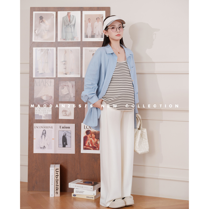 Cat Single [De Lin Weekly] [Cotton] [Tencel] Maternity Wear Spring and Summer New Shirt Wide-Leg Pants Three-Piece Set