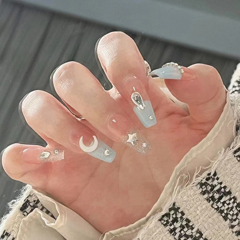Whitening Nail Art Wearable Nails Starry Sky Macaron Blue Nail Stickers French Star Chain Rhinestone Elegant Finished Product