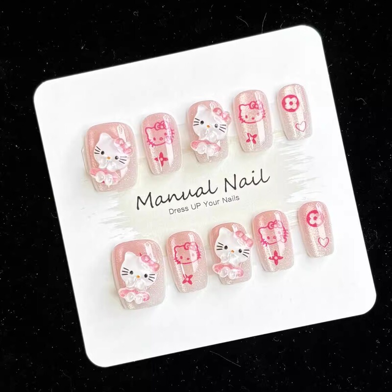 Handmade Wearable Nails, Cute 3D Pink Kitty Cat Blush Dopamine Short Nails, Removable Nail Patches for Students