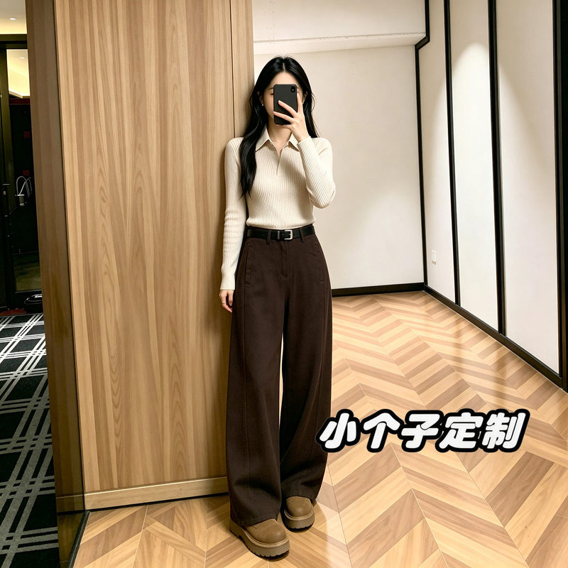 Curved Hem Jeans for Women, 2026 Spring and Autumn New Style, Loose High-Waisted, Pear-Shaped Body, Cropped Coffee-Colored Wide-Leg Pants