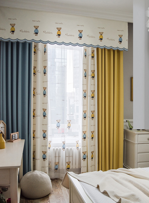 Huizhou Bear Children's Curtains Boys and Girls Bedroom Stitching Custom Cartoon Blackout Fabric Floating Curtains Embroidered Yarn Curtains