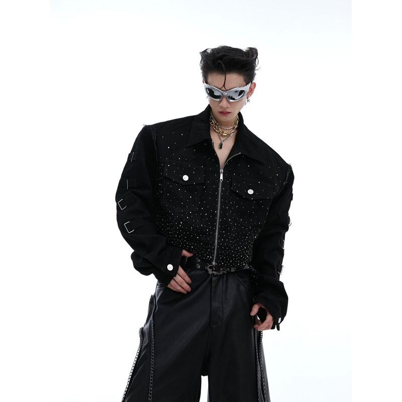 American High Street Heavy-Duty Niche Rhinestone Design Short Jacket with an Avant-Garde Silhouette, Luxurious Denim Jacket for Men, Cool and Trendy