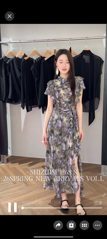European Station 2026 New European Style V-Neck Gradient Camouflage Print Waist-Cinching Mid-Sleeve Dress for Women, Slimming Long Dress