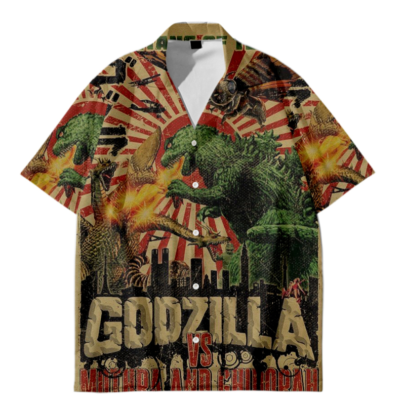 American Retro Monster Print Shirt for Men, Casual Oversized Loose Street Beach Hawaiian Floral Shirt, Fashionable