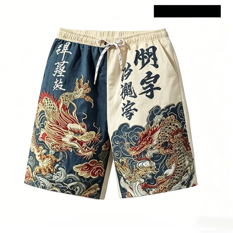 Chinese Style Tattoo Pattern Large Size Loose Beach Shorts for Men, Summer Quick-Dry Sports Shorts, Trendy Seaside Fashion
