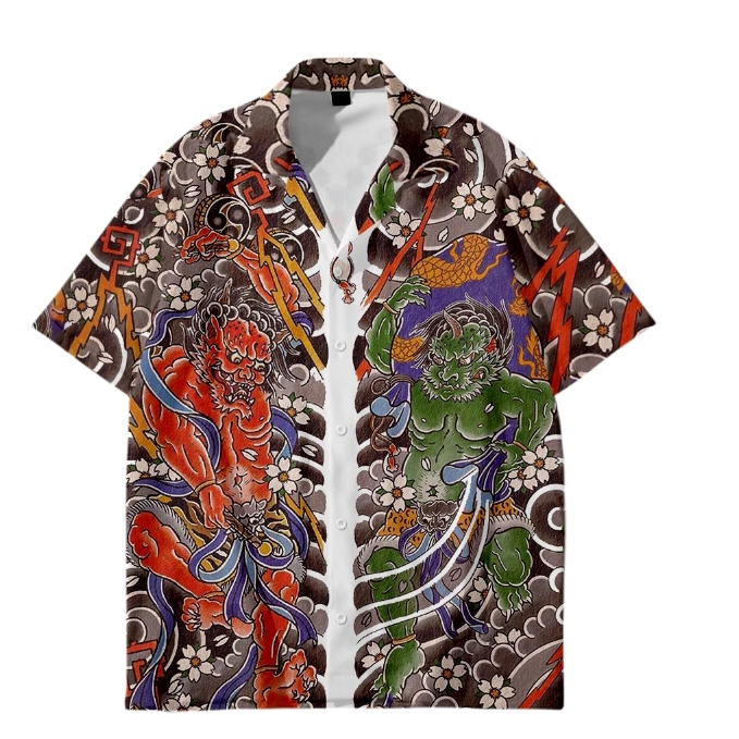 Ukiyo-E Short-Sleeved Shirt, Large Size, Loose Fit, Japanese Style Tattoo Design, Wind God and Thunder God Shirt, Large Size, Summer Thin Jacket Ukiyo-E Short-Sleeved Shirt, Large Size, Loose Fit, Japanese Style Tattoo Design, Wind God and Thunder God Shirt, Large Size, Summer Thin Jacket